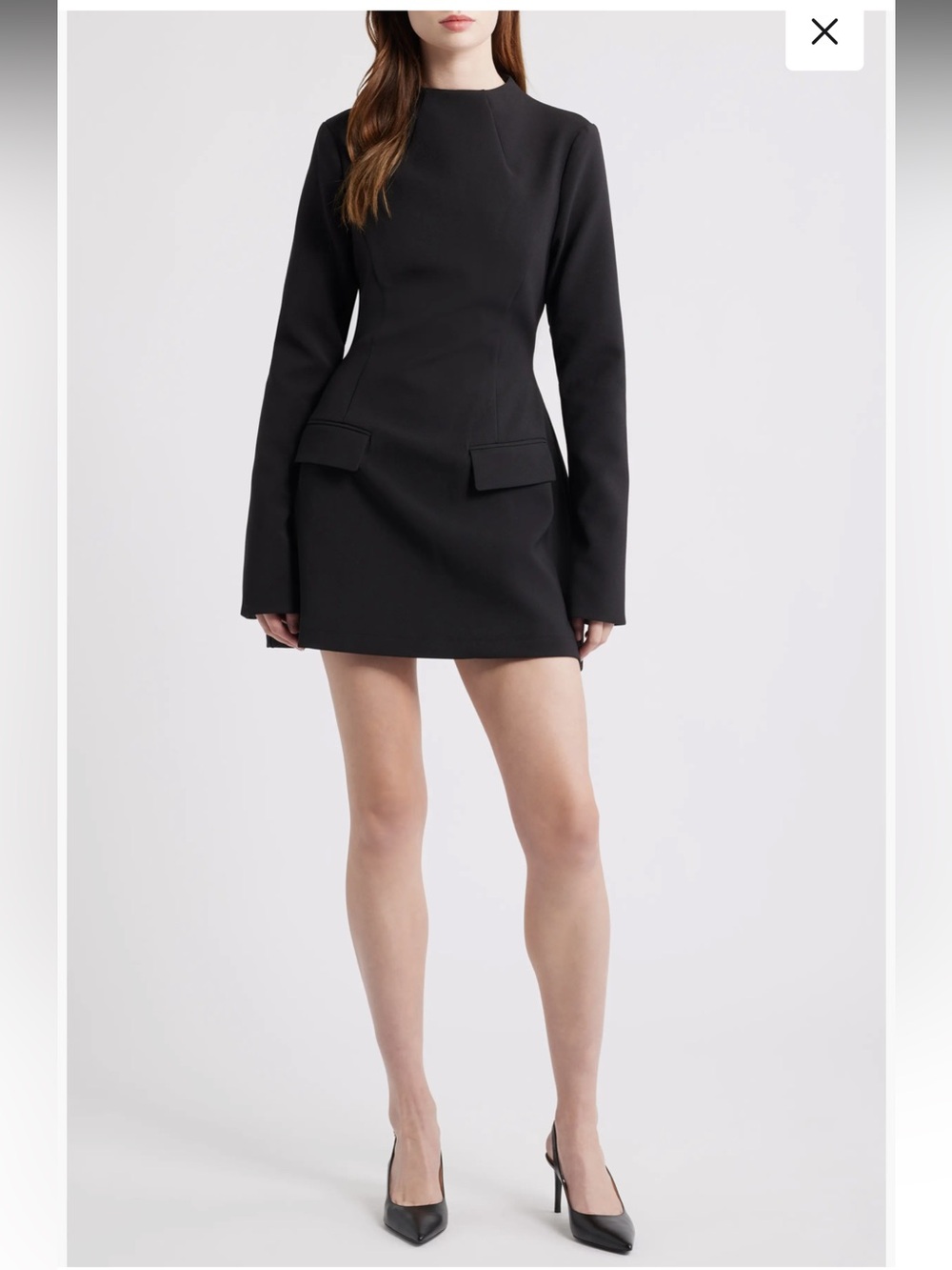 Black Long Sleeve Structured Mini Dress Tailored Fit Flap Pockets Size M BNWOT